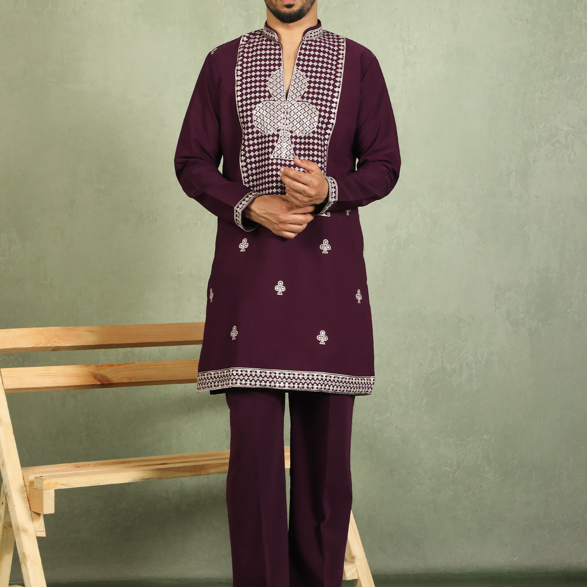 Luxe Men's Japanese Heavy Embroidery Club Motif V-Neck Kurta with Trouser Set - Wine