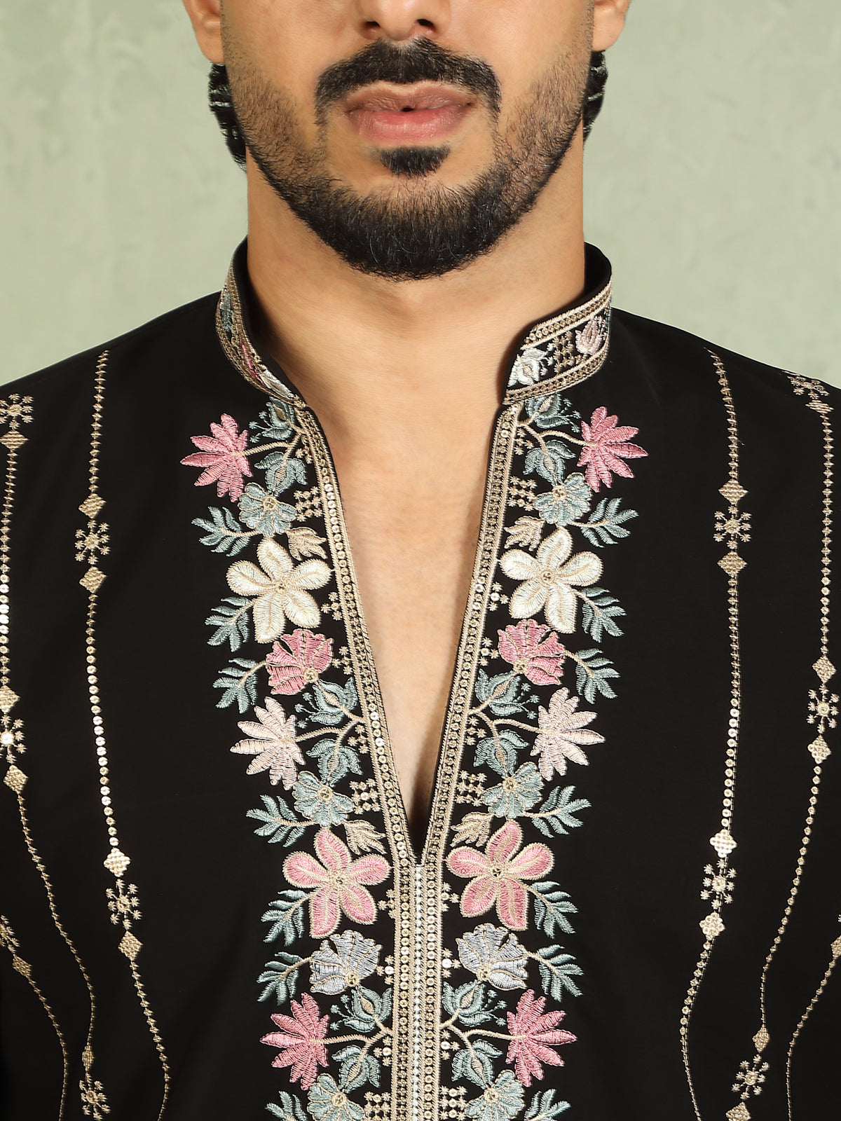Luxe Men's Japanese Yoke Design Multi Floral Embroidery V-Neck Kurta with Trouser Set - Black