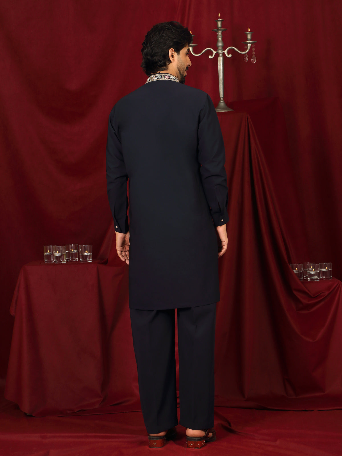 Luxe Men's Japanese Yoke Design Multi Floral Embroidery V-Neck Kurta - Navy Blue