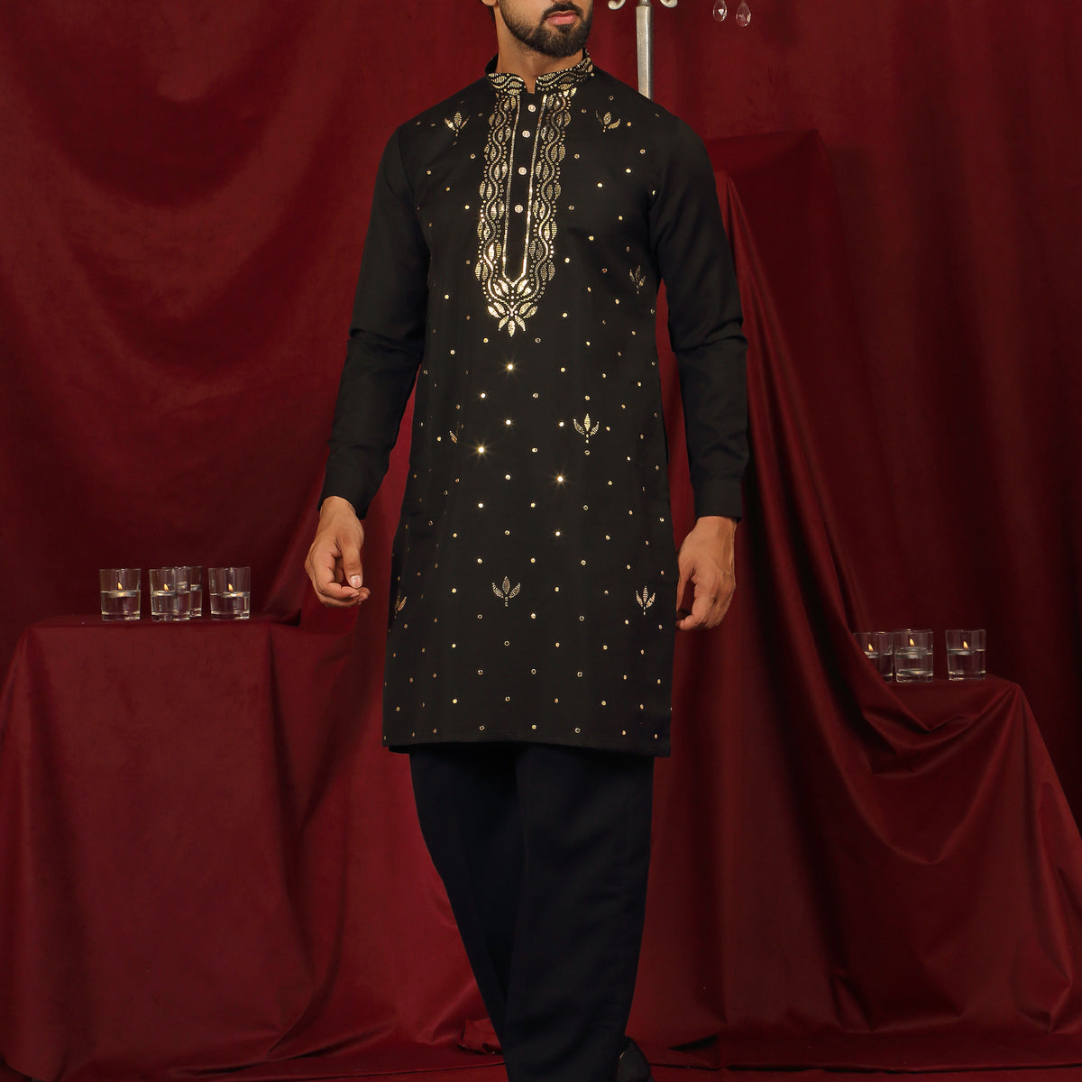 Luxe Men's Japanese Ethnic Motifs Design Golden Foil Work V-Neck Kurta with Trouser Set - Black