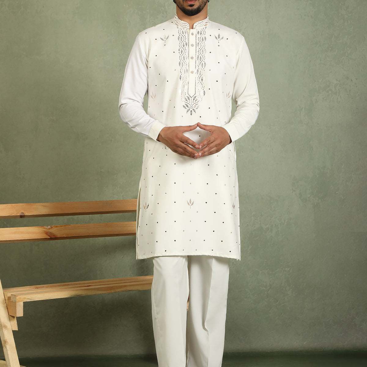 Luxe Men's Japanese Ethnic Motifs Design Golden Foil Work V-Neck Kurta with Trouser Set - Cream