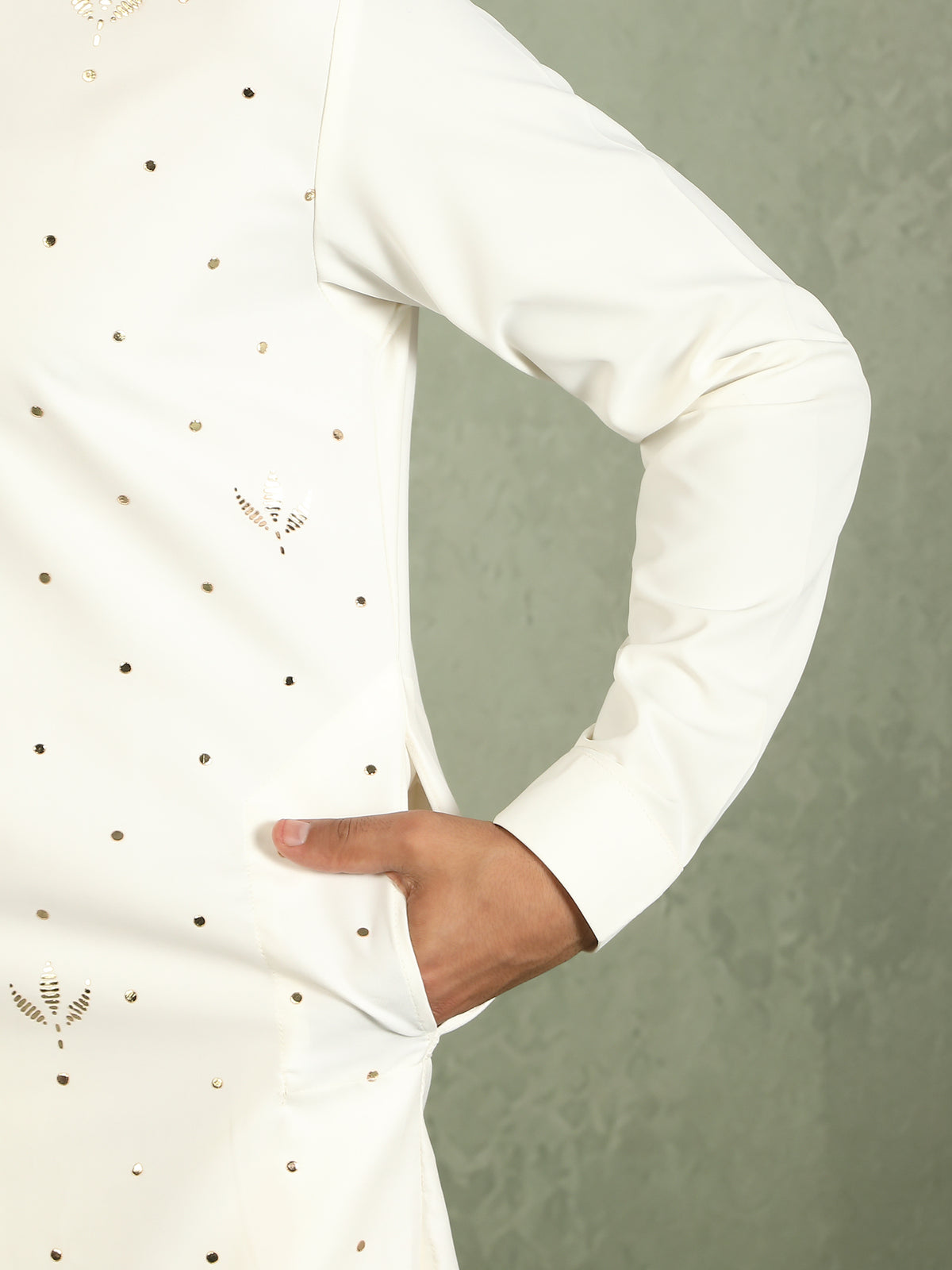 Luxe Men's Japanese Ethnic Motifs Design Golden Foil Work V-Neck Kurta with Trouser Set - Cream