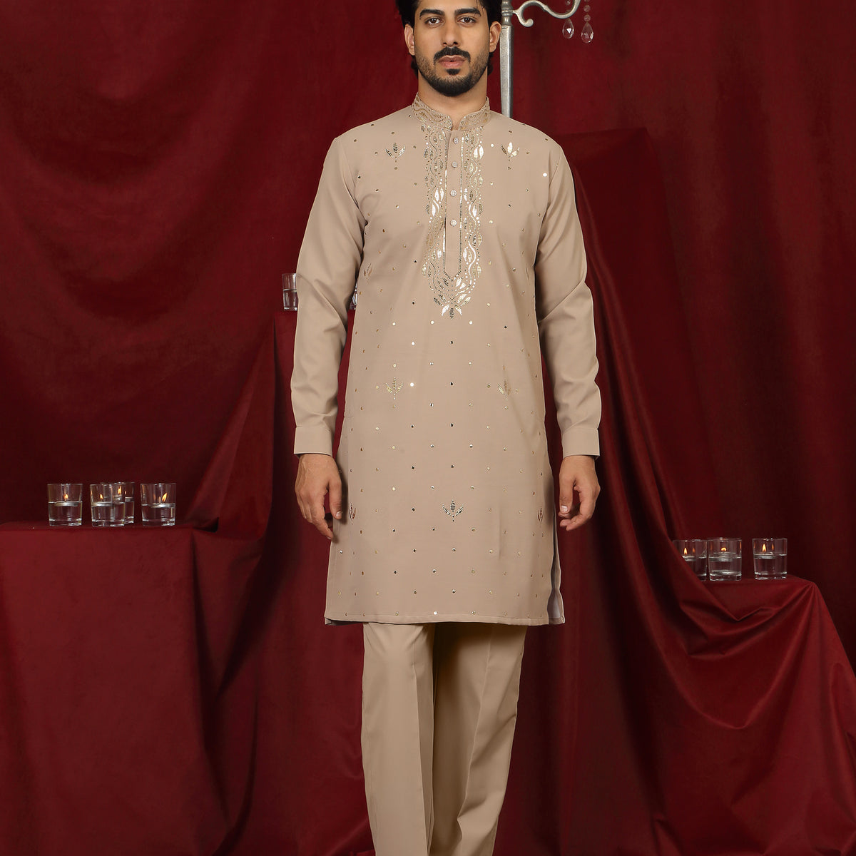 Luxe Men's Japanese Ethnic Motifs Design Golden Foil Work V-Neck Kurta with Trouser Set - Fawn