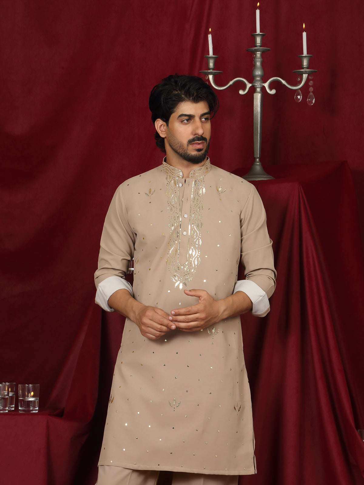 Luxe Men's Japanese Ethnic Motifs Design Golden Foil Work V-Neck Kurta with Trouser Set - Fawn