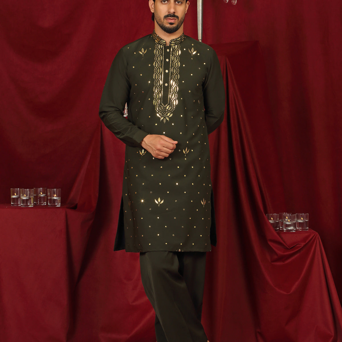 Luxe Men's Japanese Ethnic Motifs Design Golden Foil Work V-Neck Kurta with Trouser Set - Mehndi