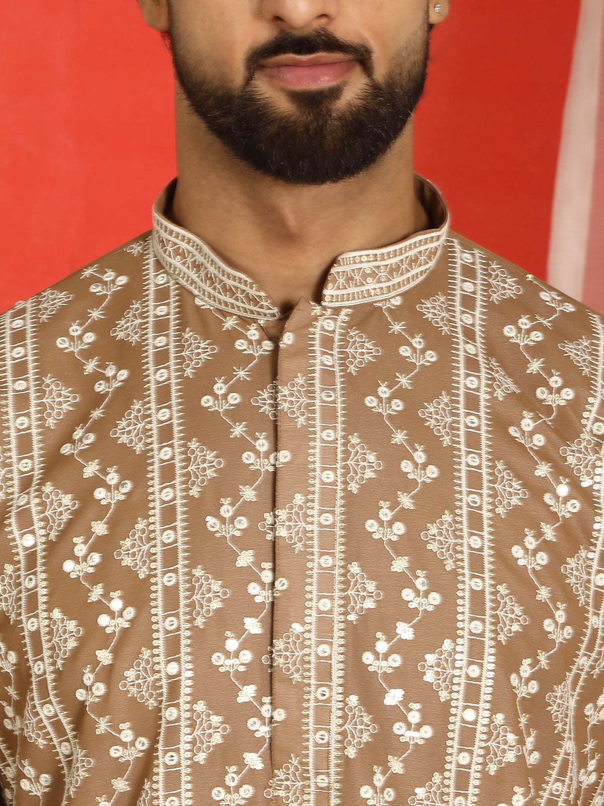 Luxe Men's Cotton Silk Heavy Embroidered Daman Work Straight Kurta - Brown