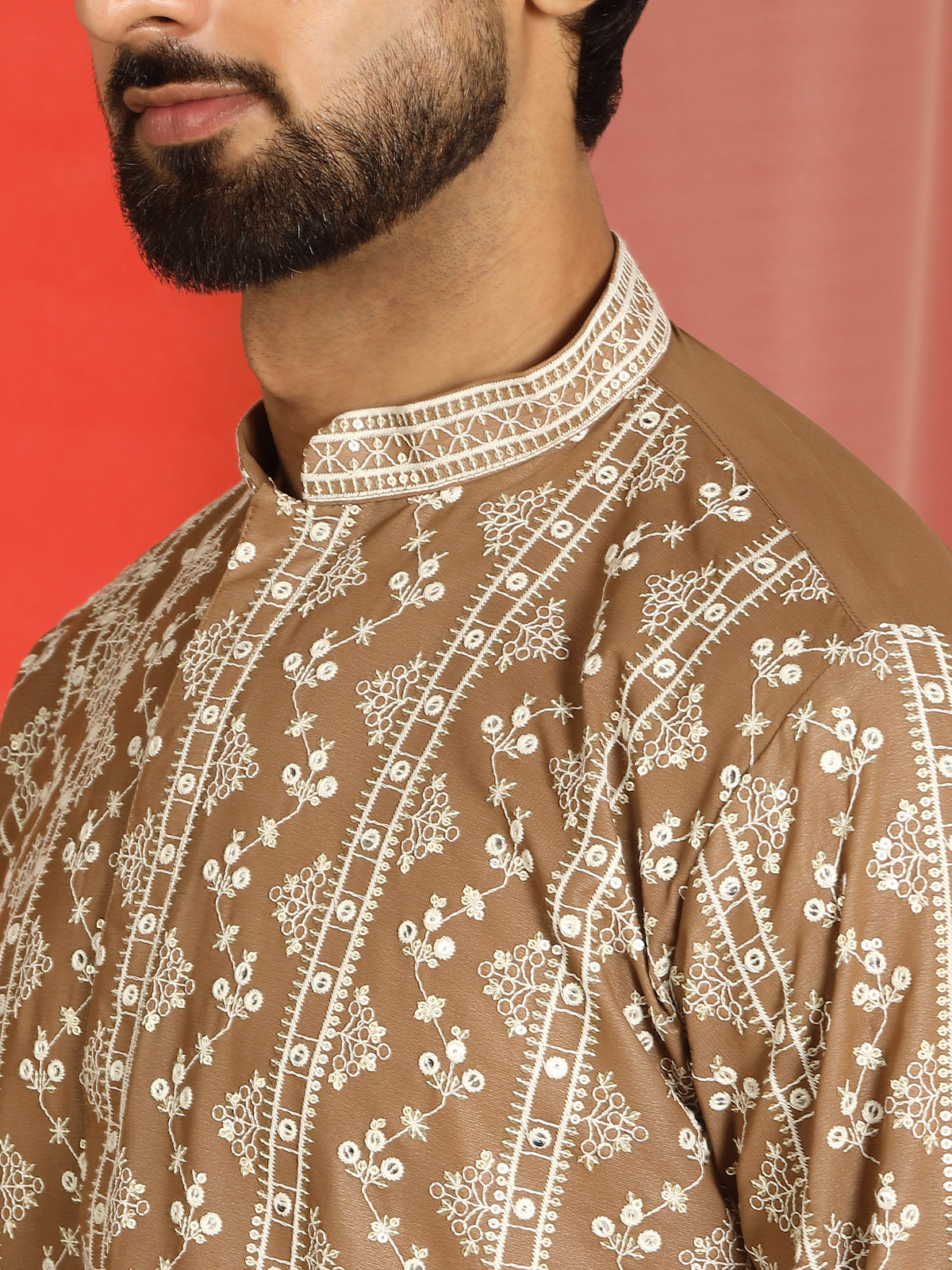 Luxe Men's Cotton Silk Heavy Embroidered Daman Work Straight Kurta - Brown
