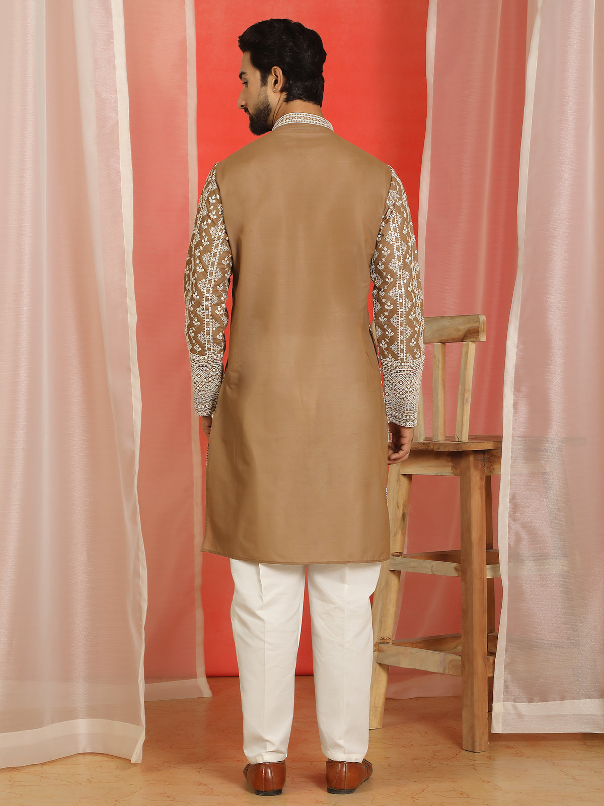 Luxe Men's Cotton Silk Heavy Embroidered Daman Work Straight Kurta - Brown