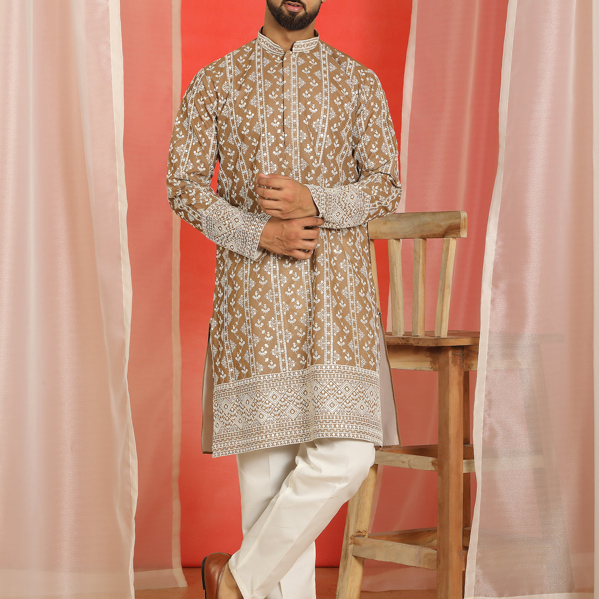Luxe Men's Cotton Silk Heavy Embroidered Daman Work Straight Kurta with Trouser Set - Brown