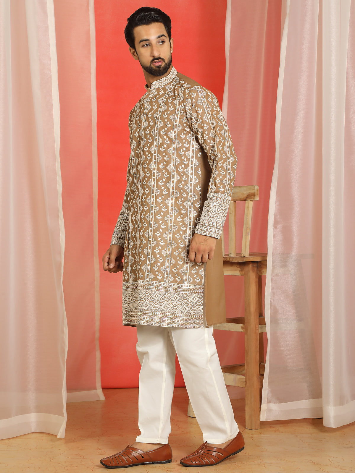 Luxe Men's Cotton Silk Heavy Embroidered Daman Work Straight Kurta with Trouser Set - Brown