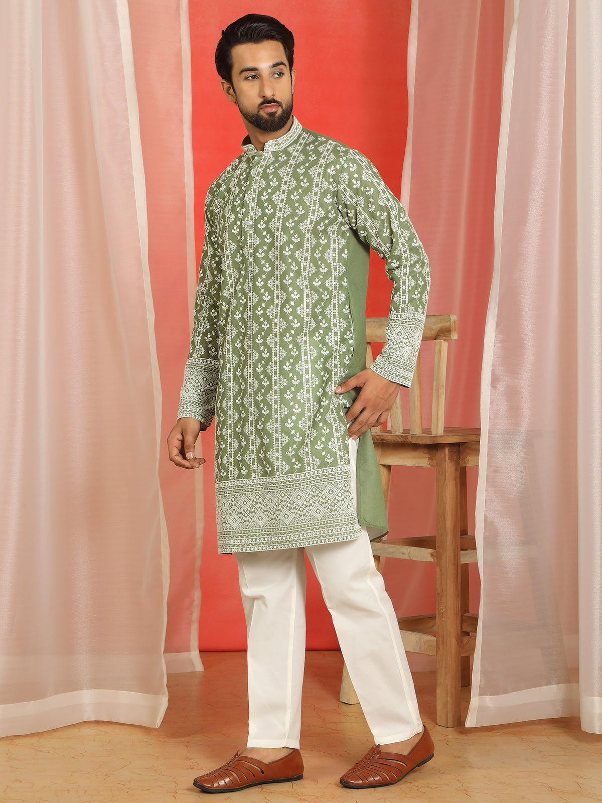 Luxe Men's Cotton Silk Heavy Embroidered Daman Work Straight Kurta - Mehndi