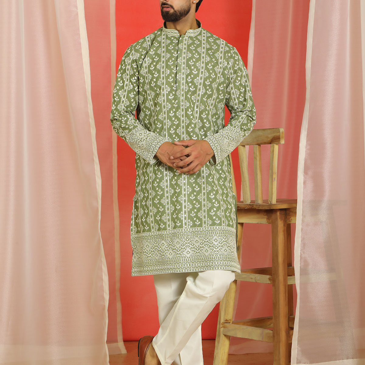 Luxe Men's Cotton Silk Heavy Embroidered Daman Work Straight Kurta with Trouser Set - Mehndi