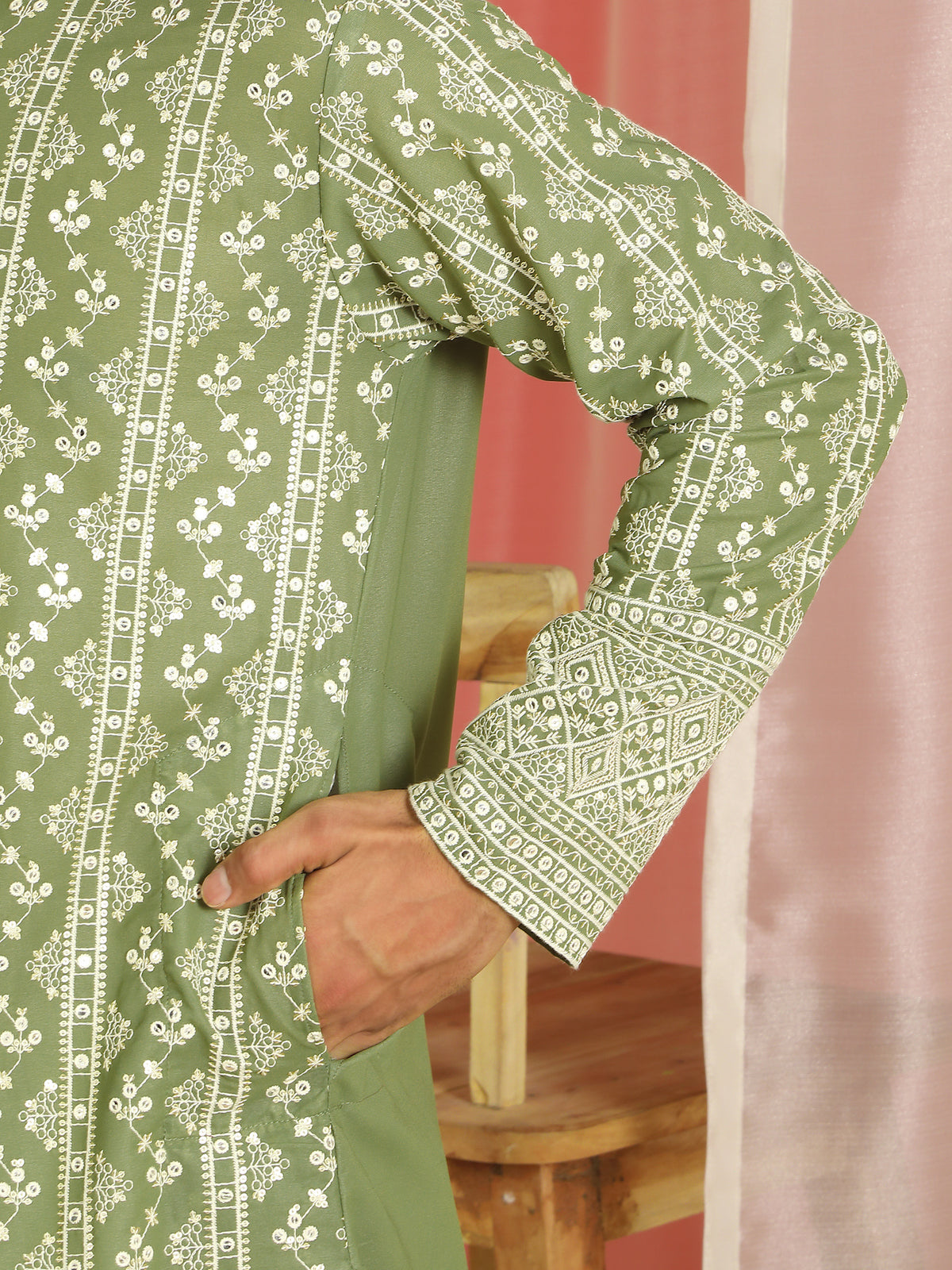 Luxe Men's Cotton Silk Heavy Embroidered Daman Work Straight Kurta with Trouser Set - Mehndi