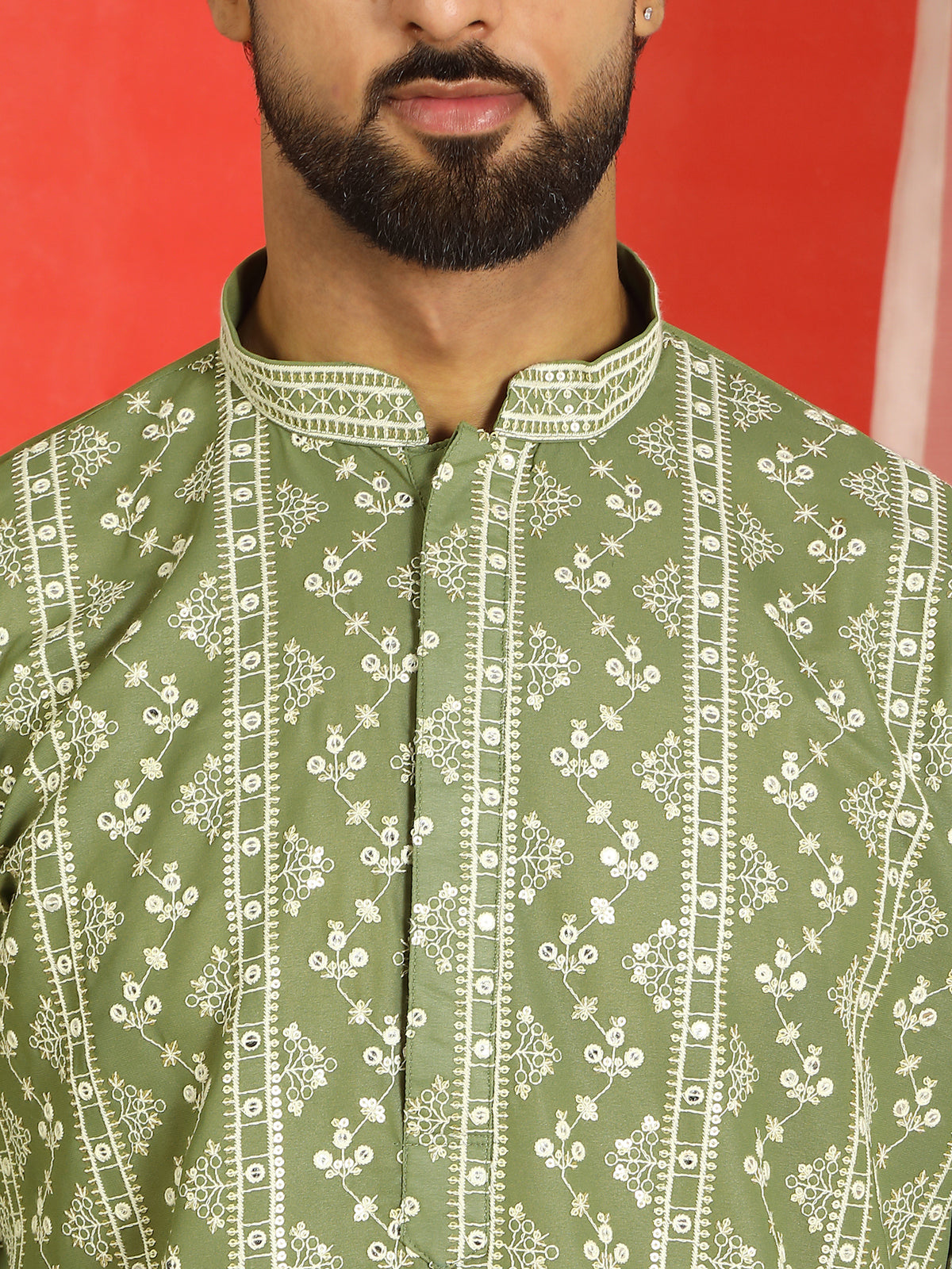 Luxe Men's Cotton Silk Heavy Embroidered Daman Work Straight Kurta with Trouser Set - Mehndi