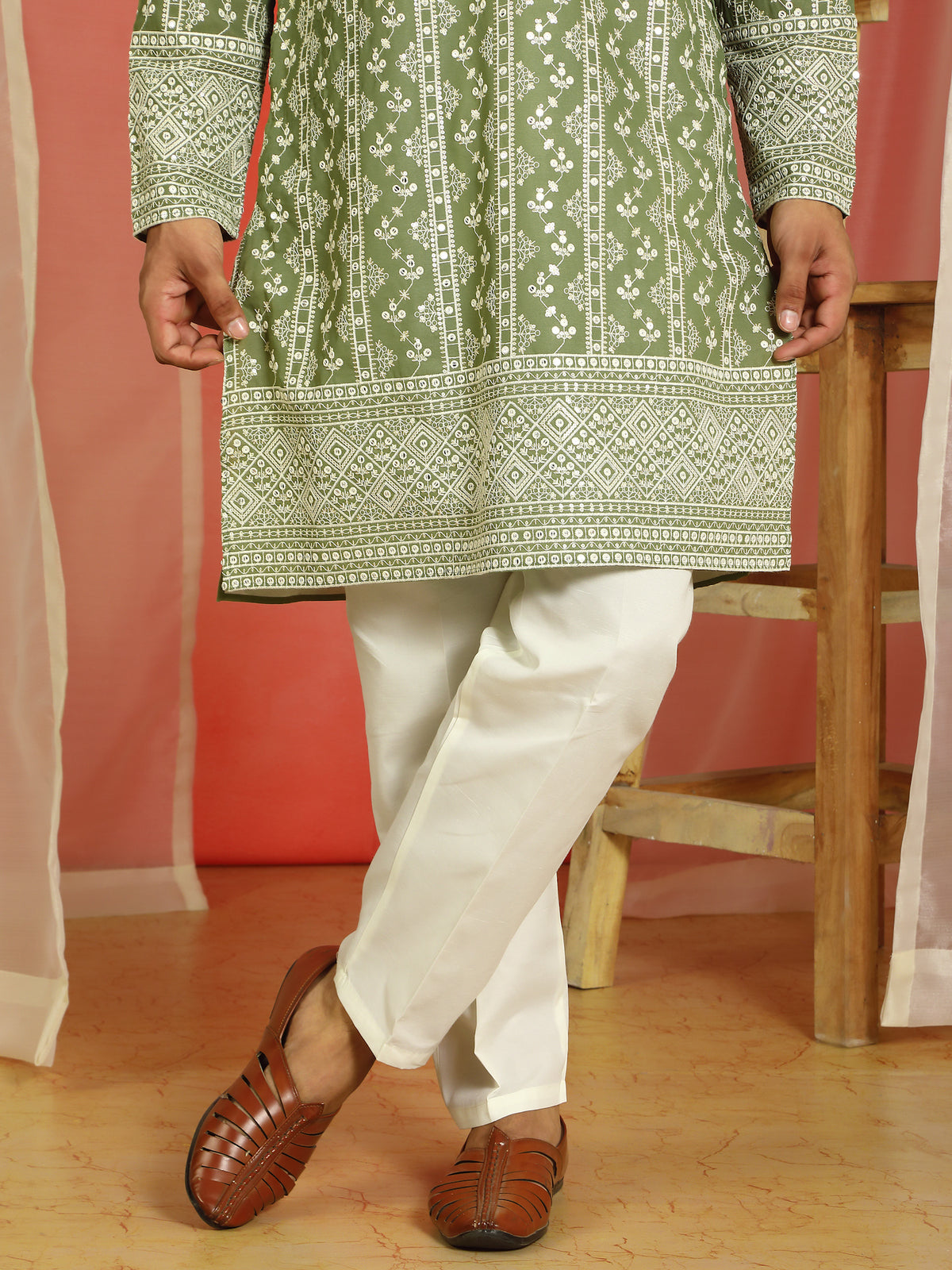 Luxe Men's Cotton Silk Heavy Embroidered Daman Work Straight Kurta with Trouser Set - Mehndi