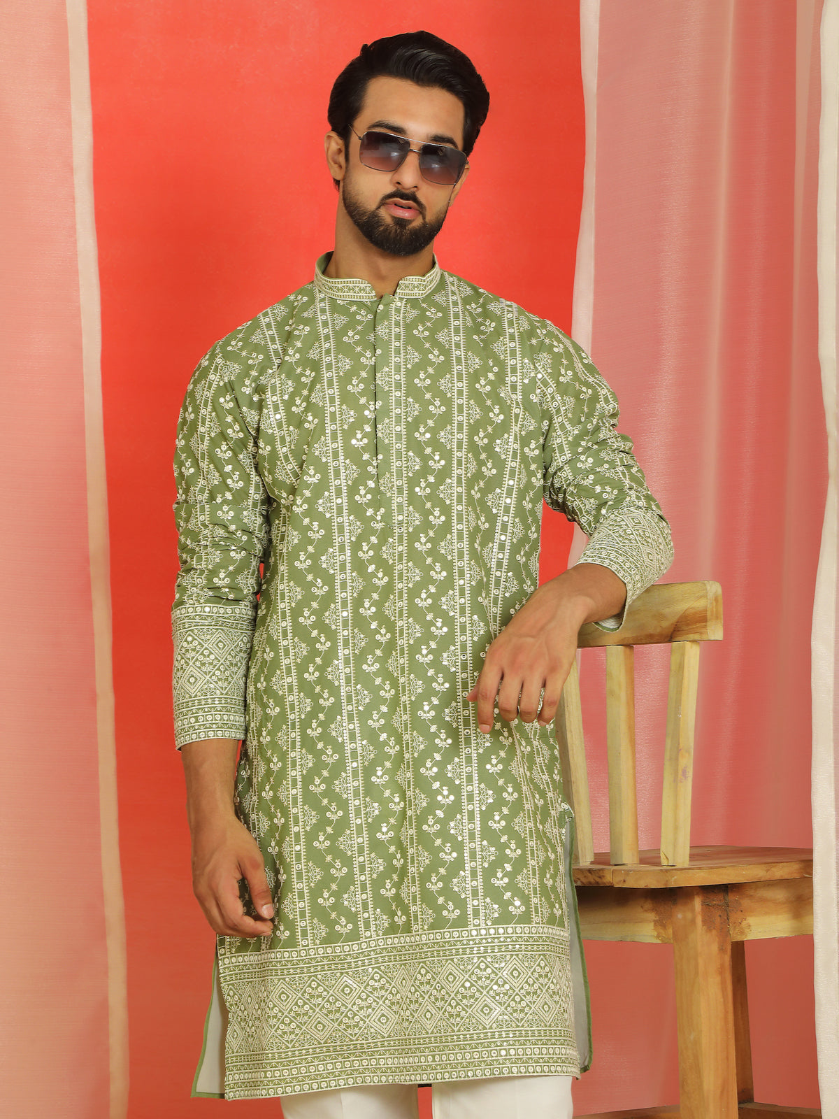 Luxe Men's Cotton Silk Heavy Embroidered Daman Work Straight Kurta with Trouser Set - Mehndi