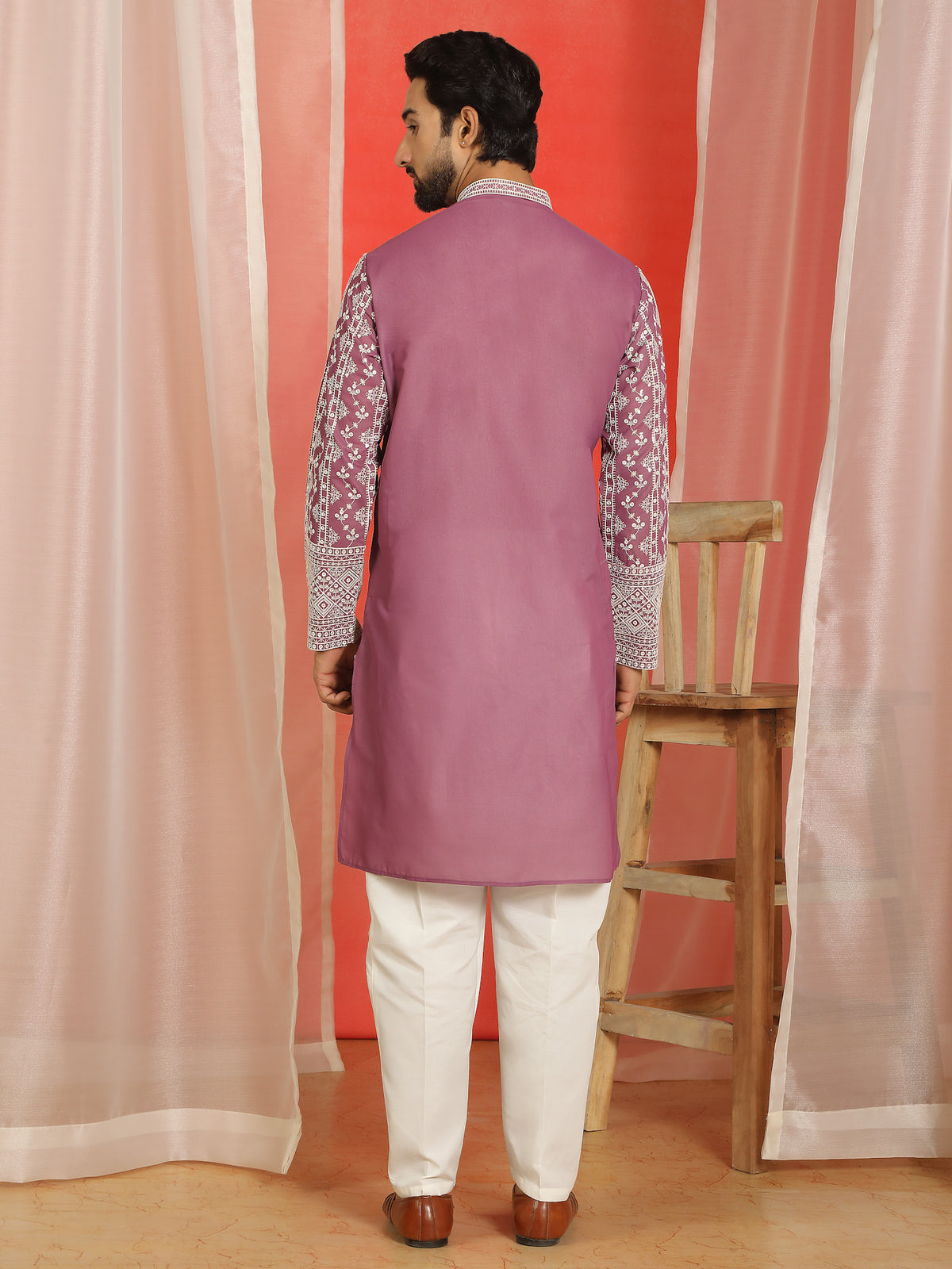 Luxe Men's Cotton Silk Heavy Embroidered Daman Work Straight Kurta - Wine