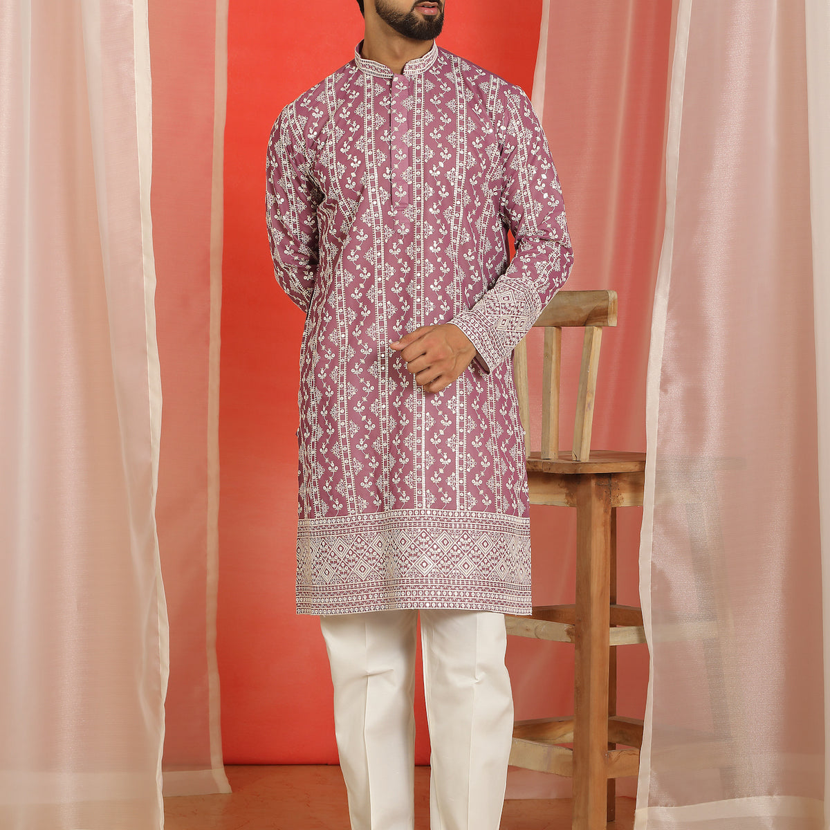 Luxe Men's Cotton Silk Heavy Embroidered Daman Work Straight Kurta with Trouser Set - Wine