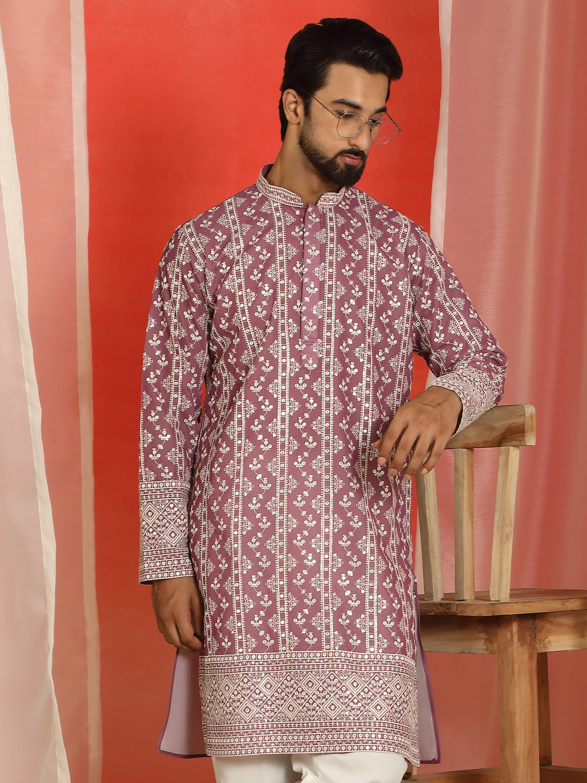Luxe Men's Cotton Silk Heavy Embroidered Daman Work Straight Kurta with Trouser Set - Wine