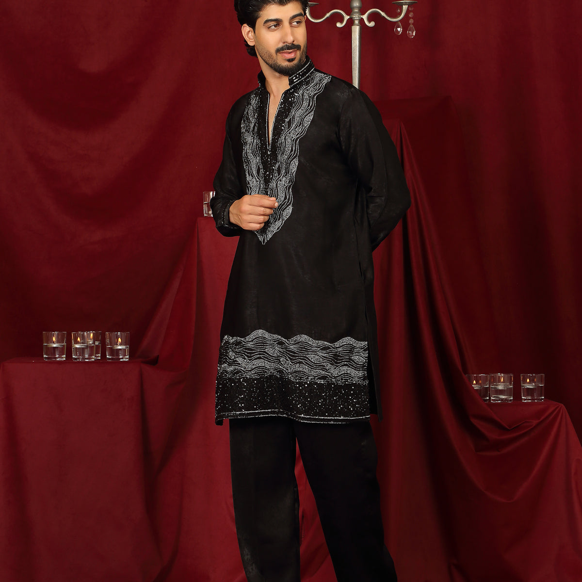 Luxe Men's Velvet Fabric Zari Embroidered with Beads & Sequin Work Kurta with Trouser Set - Black