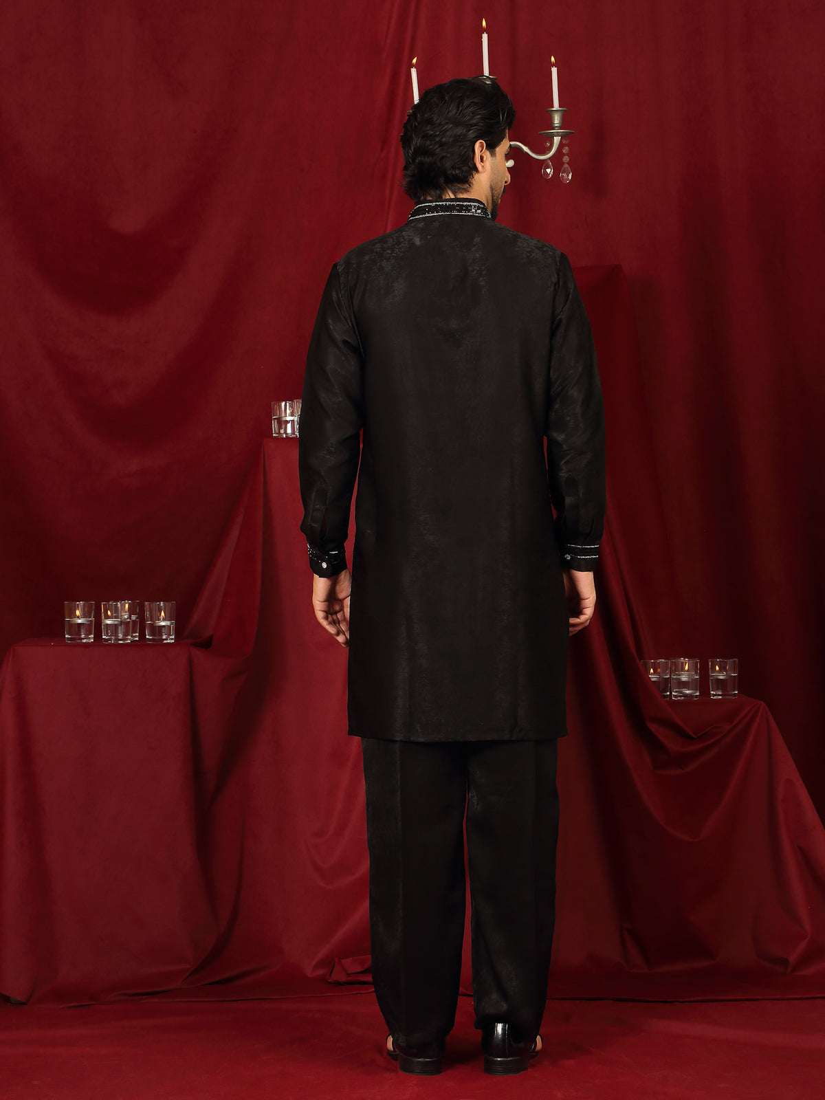 Luxe Men's Velvet Fabric Zari Embroidered with Beads & Sequin Work Kurta with Trouser Set - Black