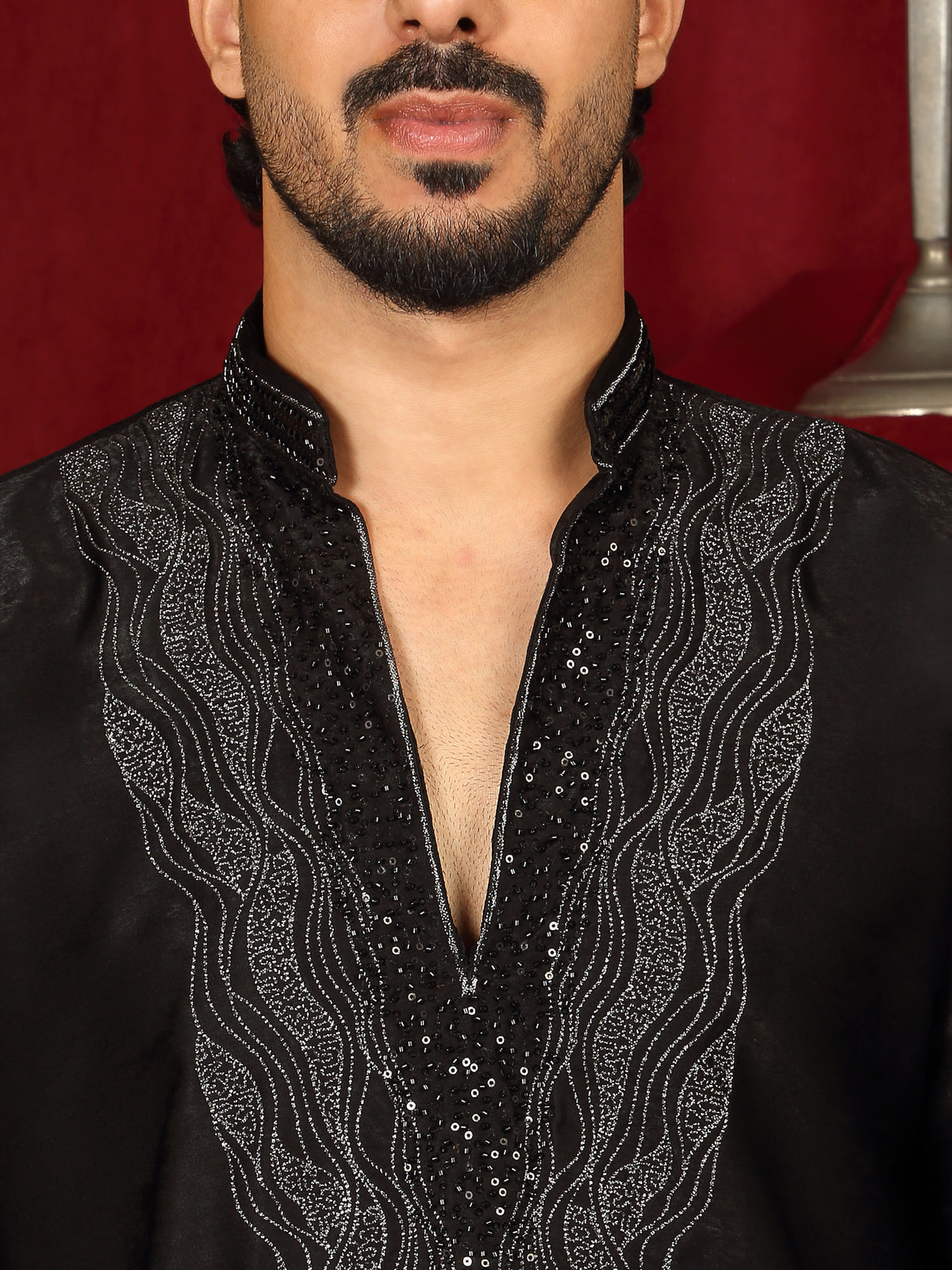 Luxe Men's Velvet Fabric Zari Embroidered with Beads & Sequin Work Kurta with Trouser Set - Black