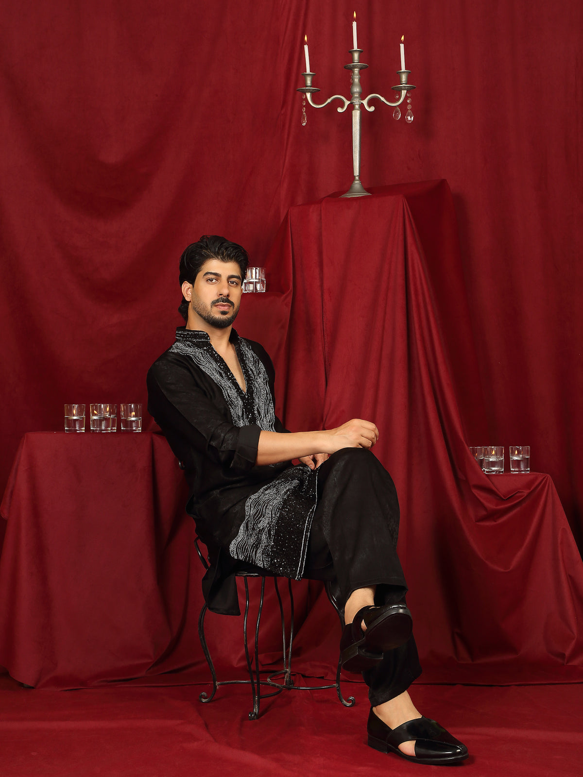 Luxe Men's Velvet Fabric Zari Embroidered with Beads & Sequin Work Kurta with Trouser Set - Black