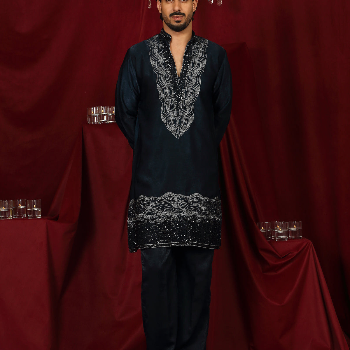 Luxe Men's Velvet Fabric Zari Embroidered with Beads & Sequin Work Kurta with Trouser Set - Teal Blue