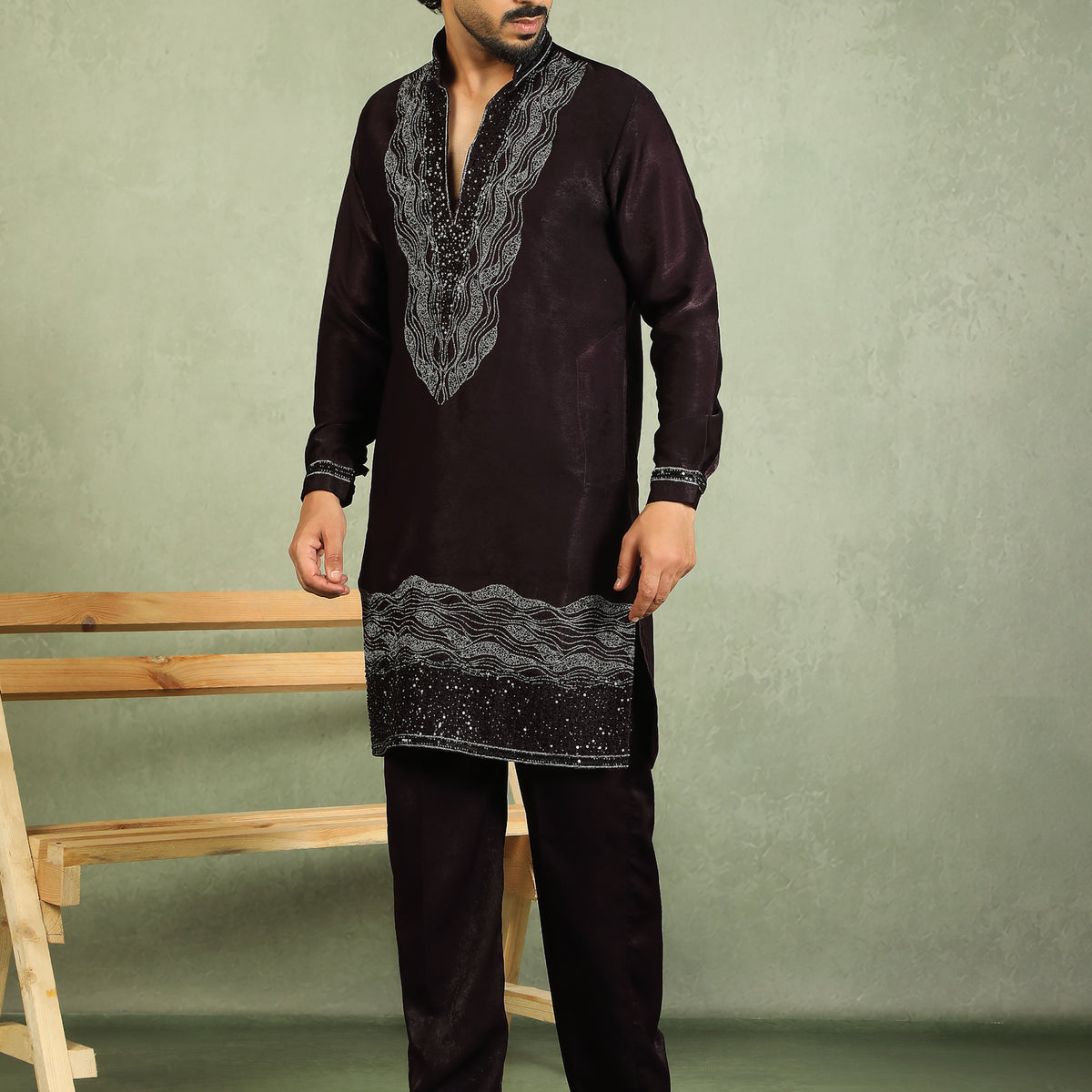 Luxe Men's Velvet Fabric Zari Embroidered with Beads & Sequin Work Kurta with Trouser Set - Wine