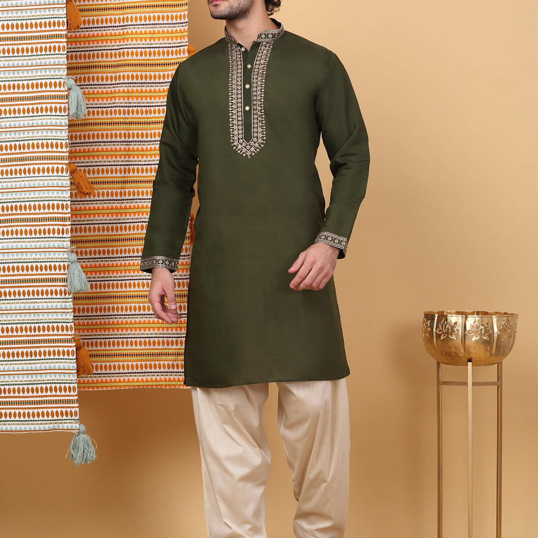 LUXE Cotton Silk Ethnic Motif Embroidered Neckline Regular Straight Kurta
