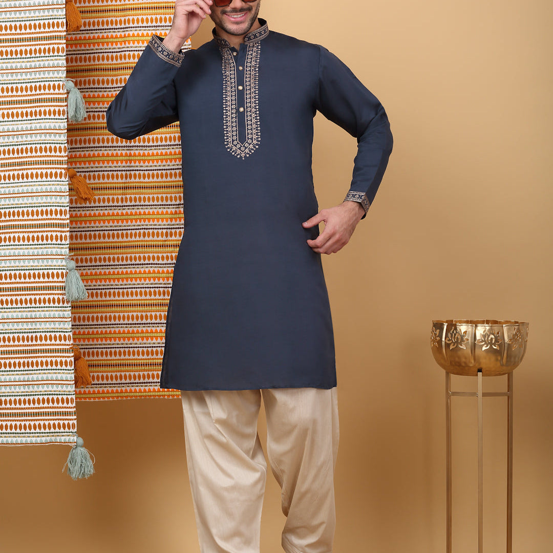 LUXE Cotton Silk Ethnic Motif Embroidered Neckline Regular Straight Kurta