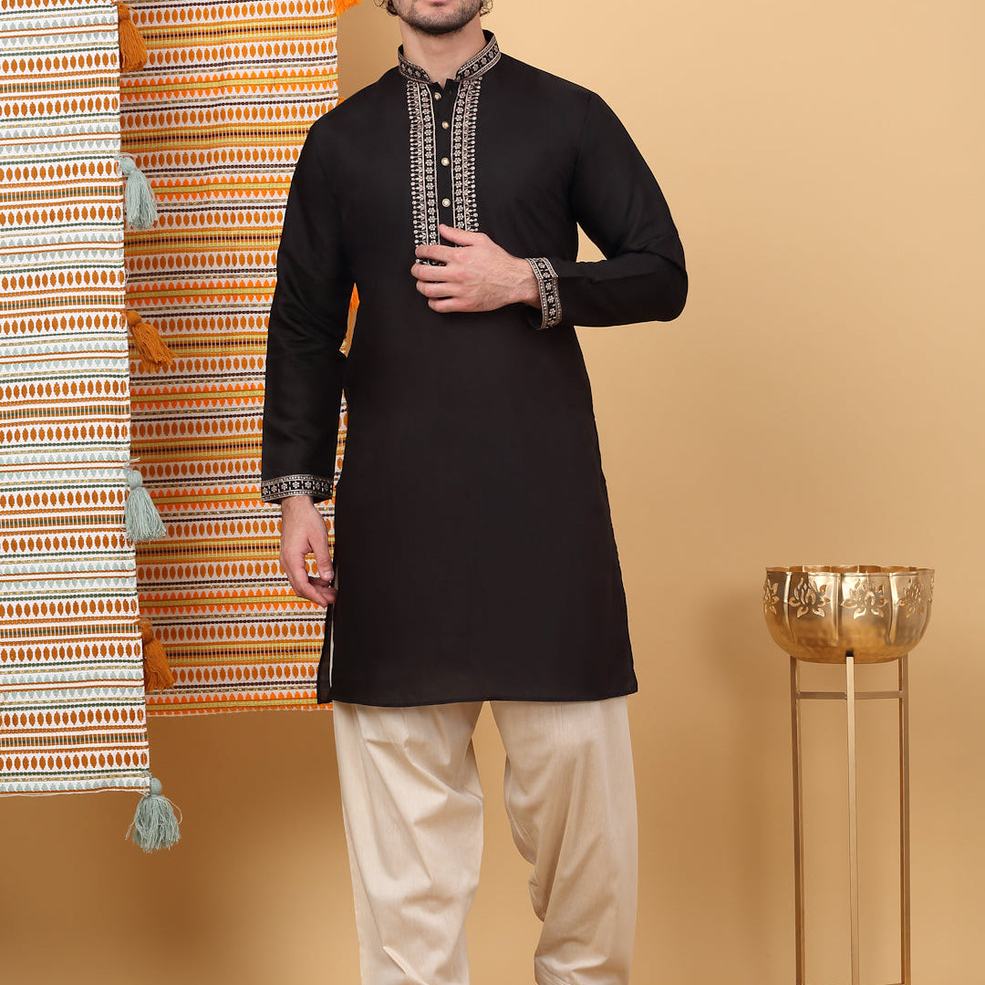 LUXE Cotton Silk Ethnic Motif Embroidered Neckline Regular Straight Kurta