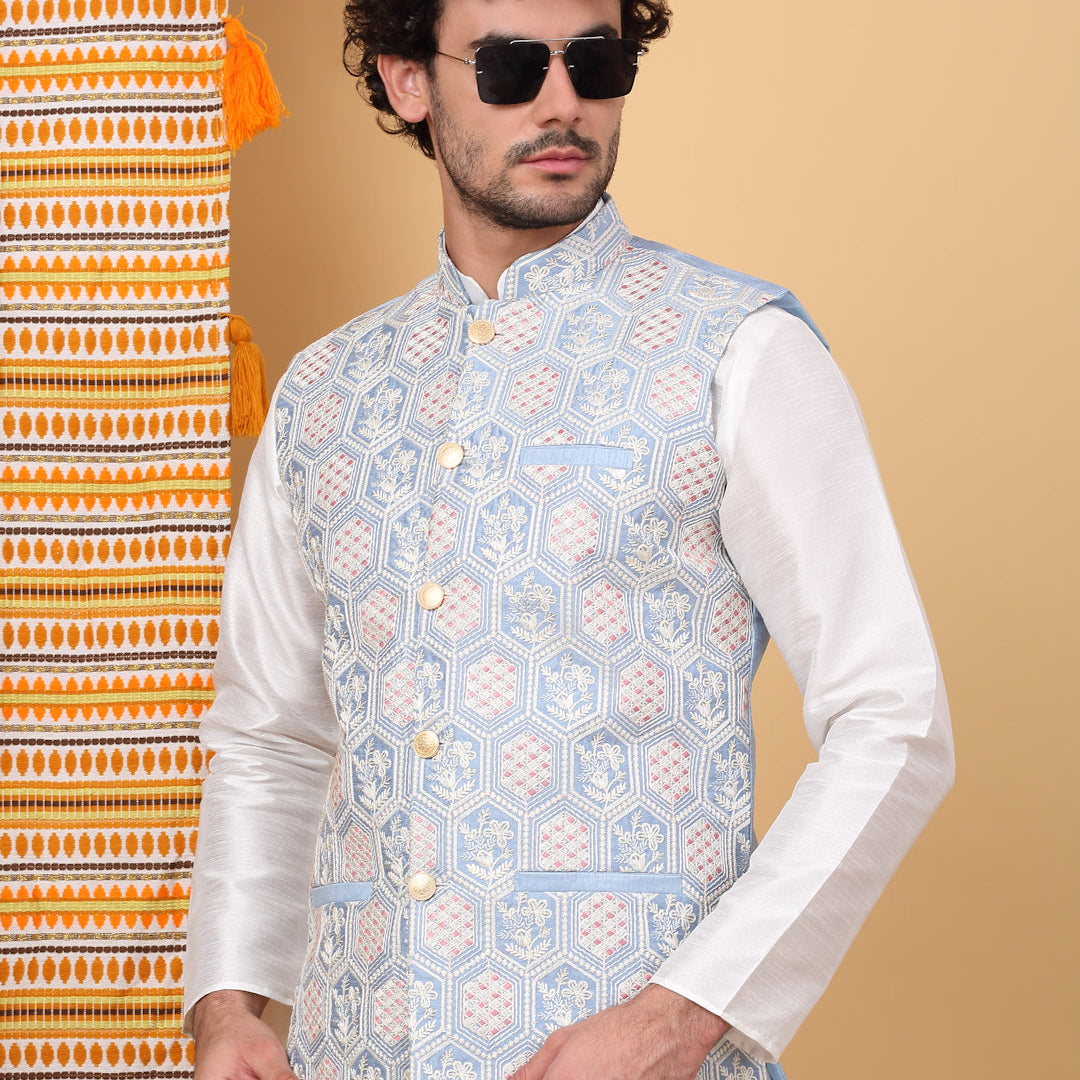 LUXE- Silk Blend Floral Geometric Embroidered Sleeveless Nehru Jacket
