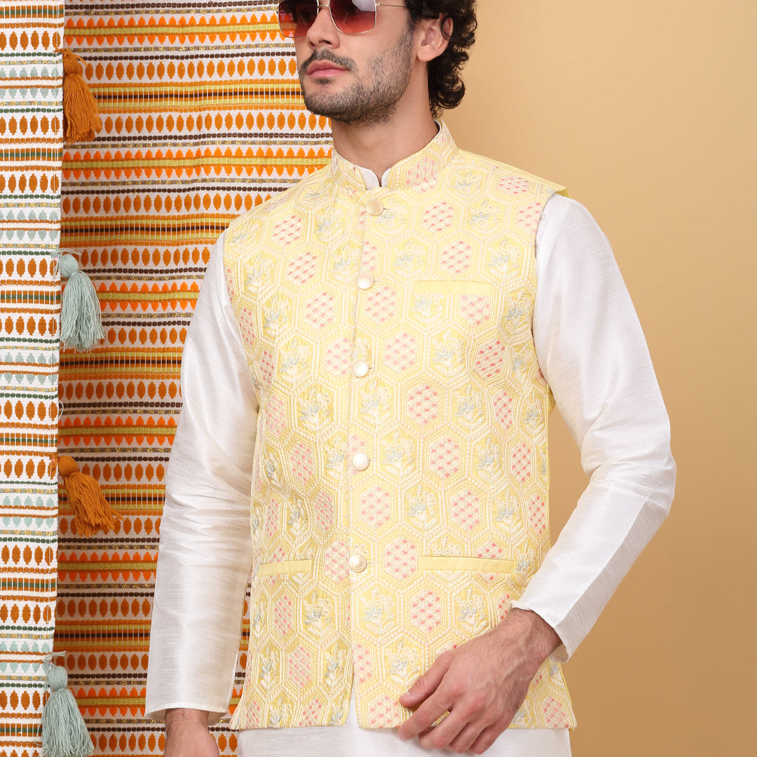 LUXE- Silk Blend Floral Geometric Embroidered Sleeveless Nehru Jacket