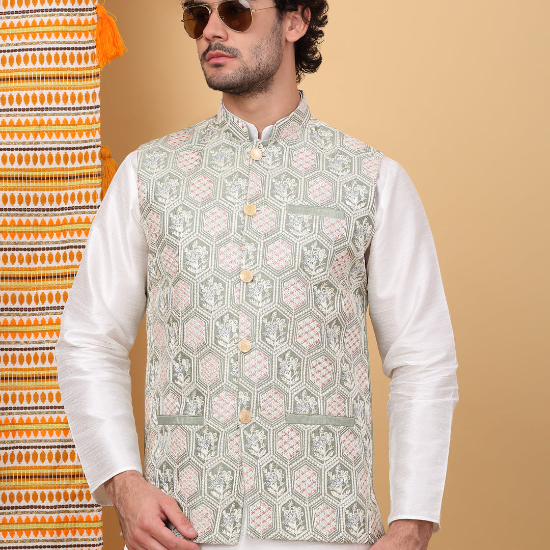 LUXE- Silk Blend Floral Geometric Embroidered Sleeveless Nehru Jacket