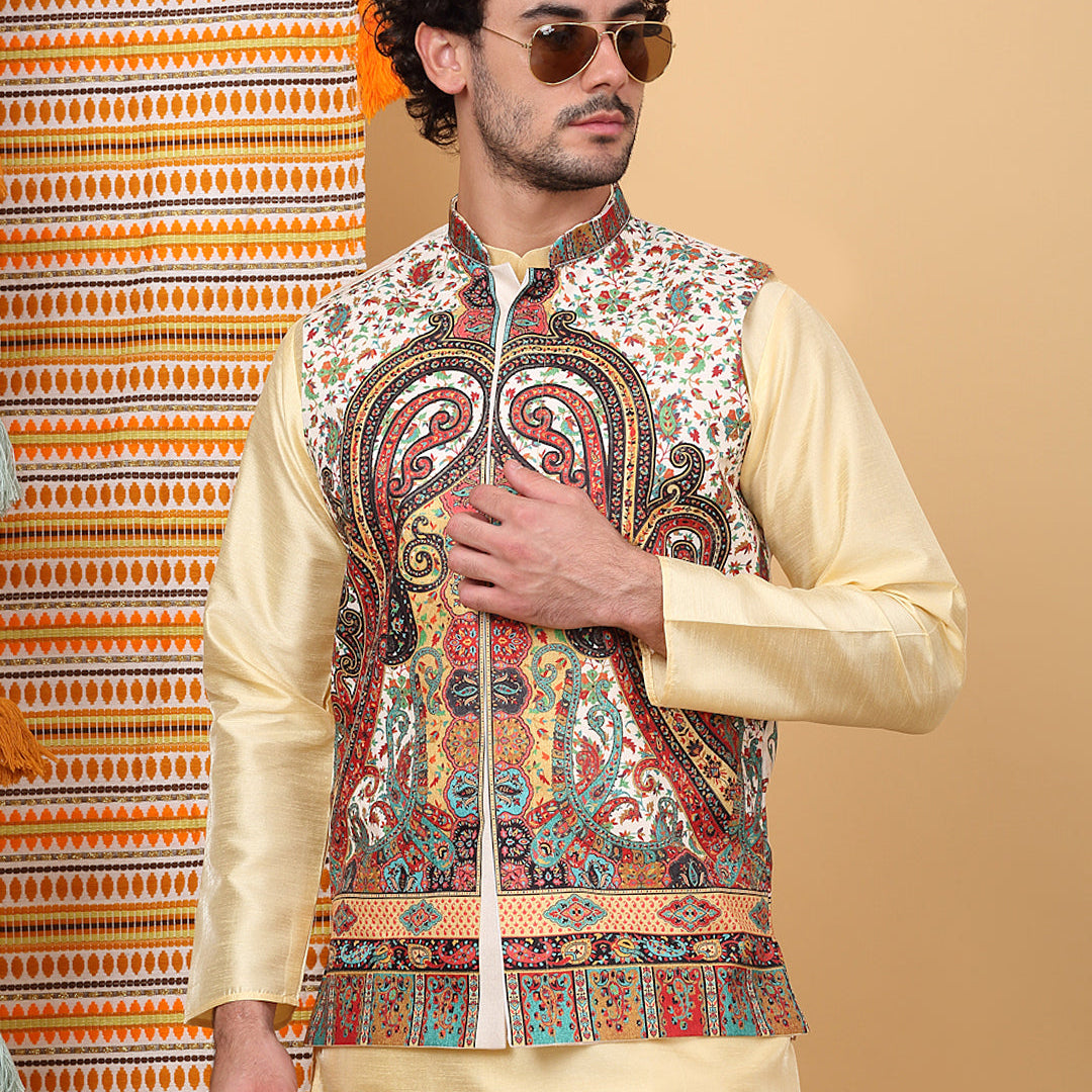 LUXE- Silk Blend Paisley Kashmiri Printed Sleeveless Nehru Jacket