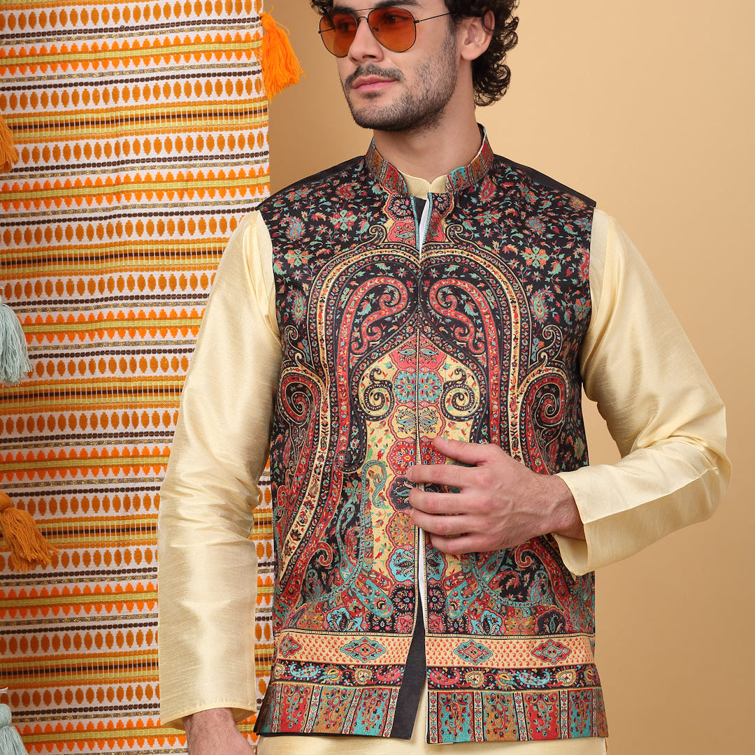 LUXE- Silk Blend Paisley Kashmiri Printed Sleeveless Nehru Jacket