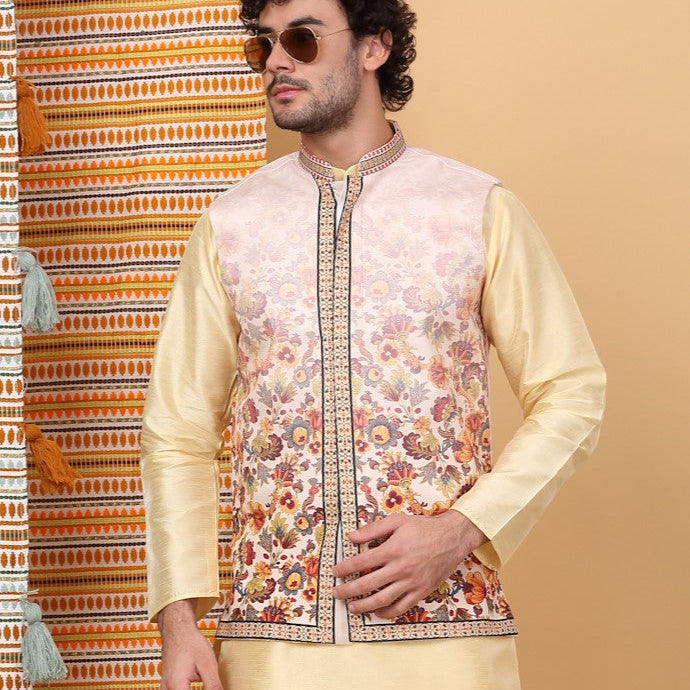 LUXE- Stylish Silk Blend Ethnic Motifs Printed Sleeveless Nehru Jacket