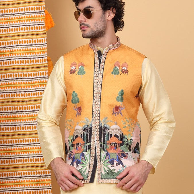 LUXE- Stylish Silk Blend Ethnic Motifs Printed Sleeveless Nehru Jacket