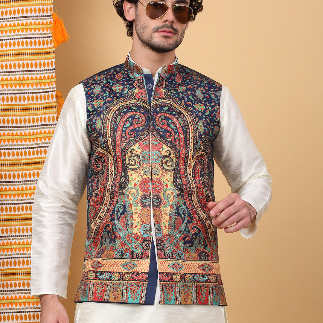 LUXE- Silk Blend Paisley Kashmiri Printed Sleeveless Nehru Jacket
