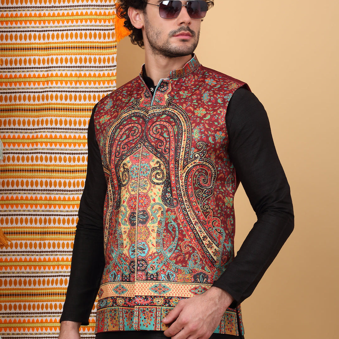 LUXE- Silk Blend Paisley Kashmiri Printed Sleeveless Nehru Jacket