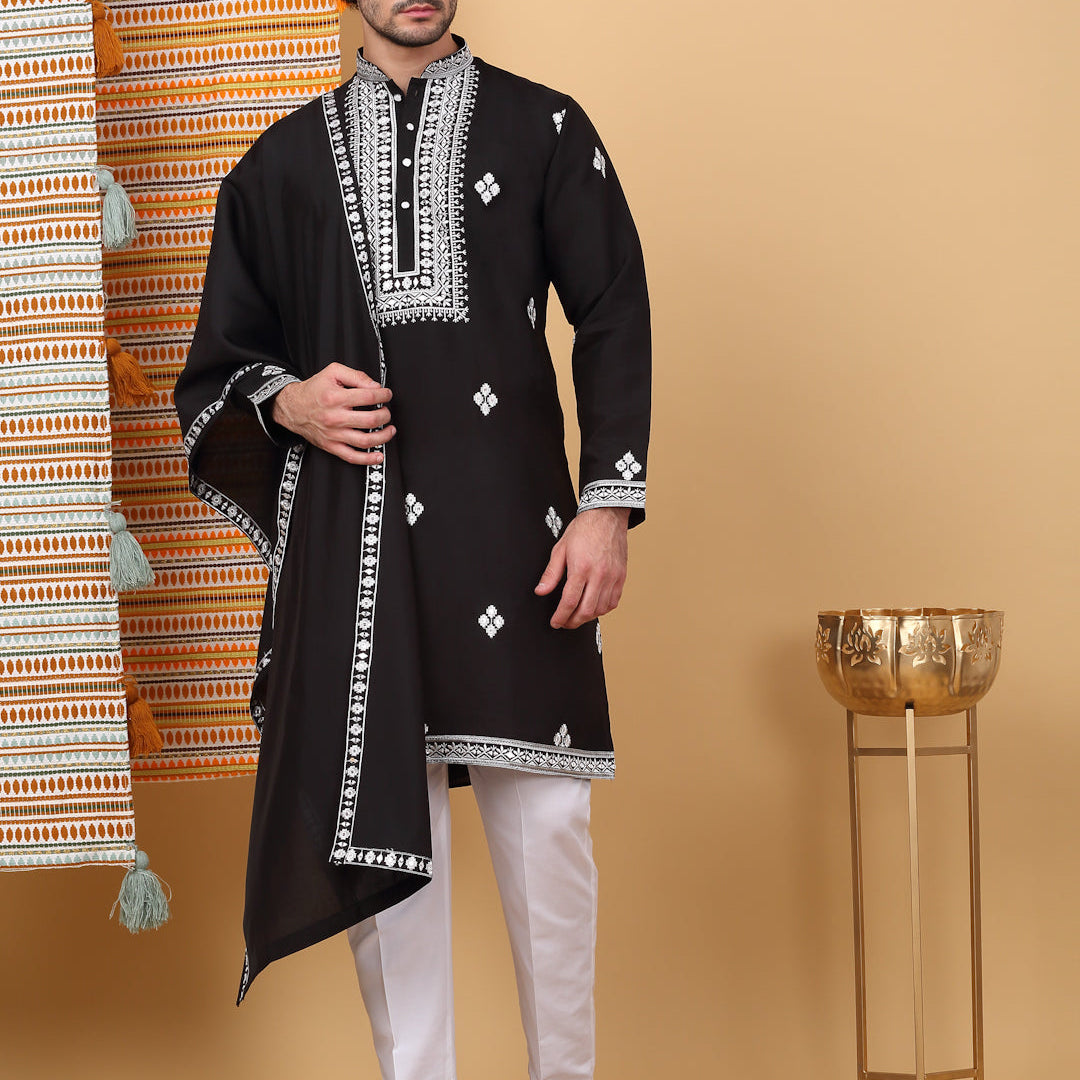 LUXE- Cotton Silk Ethnic Motifs White Embroidered Mandarin Collar Long Sleeve Kurta Trouser with Matching Stole