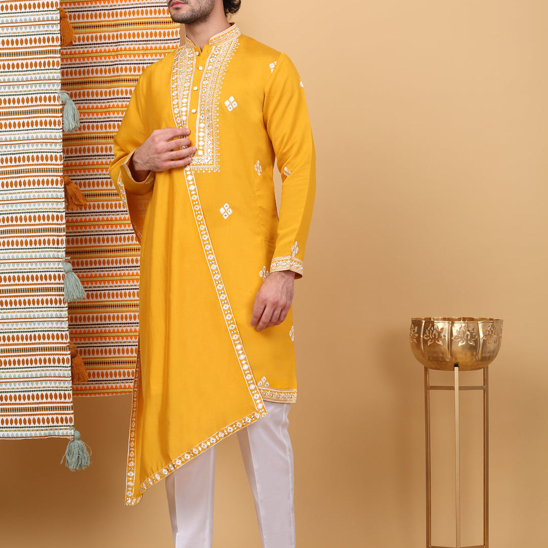 LUXE- Cotton Silk Ethnic Motifs White Embroidered Mandarin Collar Long Sleeve Kurta Trouser with Matching Stole