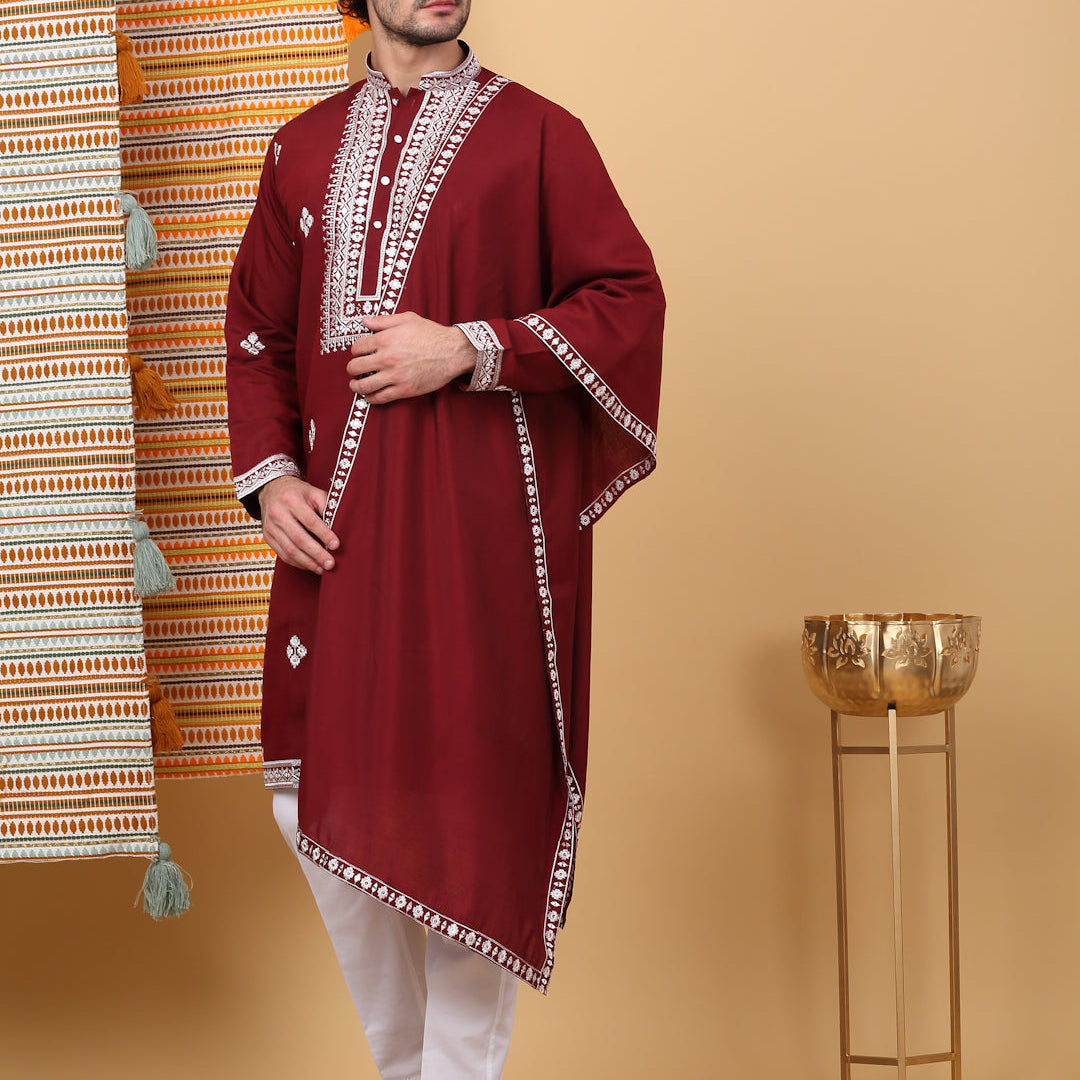 LUXE- Cotton Silk Ethnic Motifs White Embroidered Mandarin Collar Long Sleeve Kurta Trouser with Matching Stole