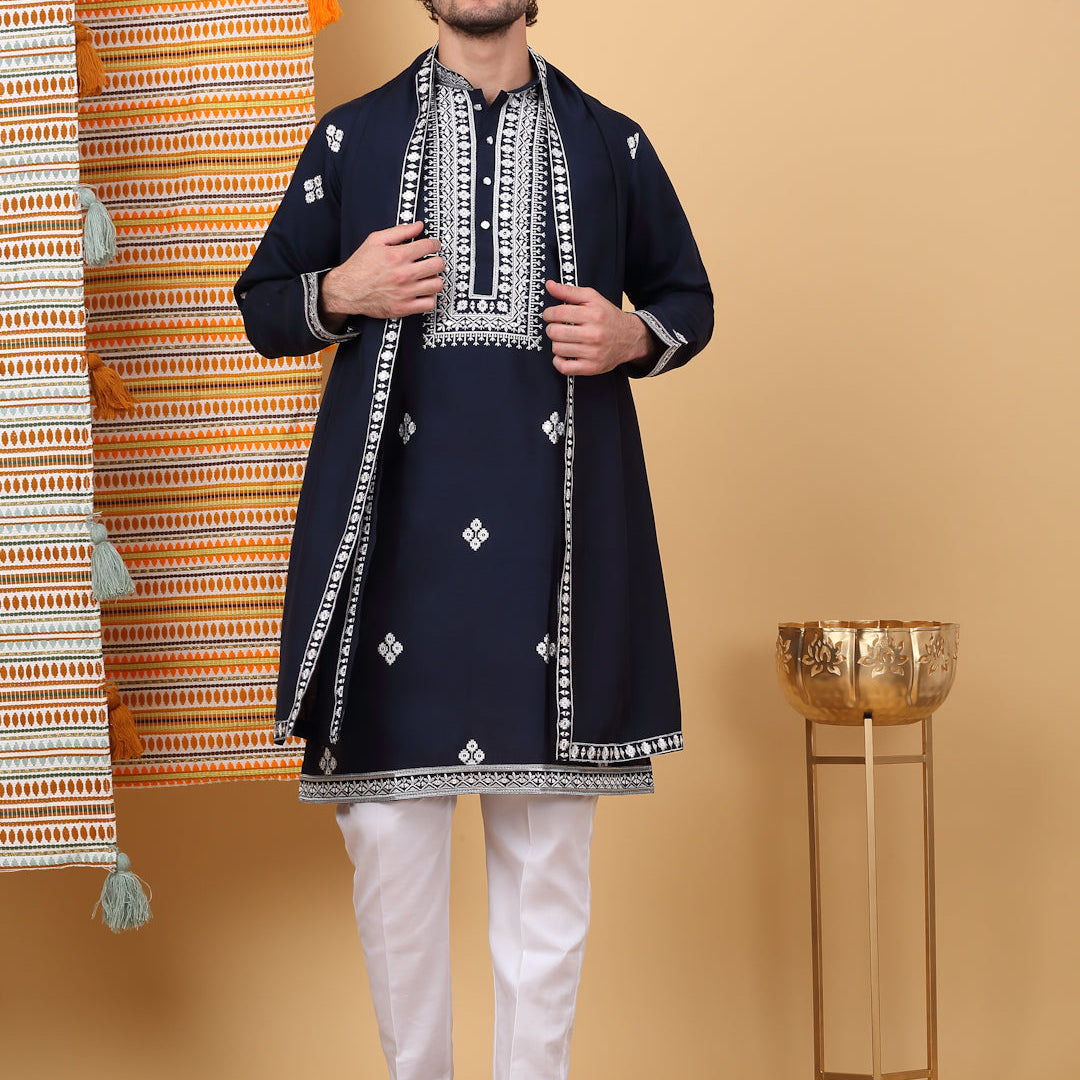 LUXE- Cotton Silk Ethnic Motifs White Embroidered Mandarin Collar Long Sleeve Kurta Trouser with Matching Stole