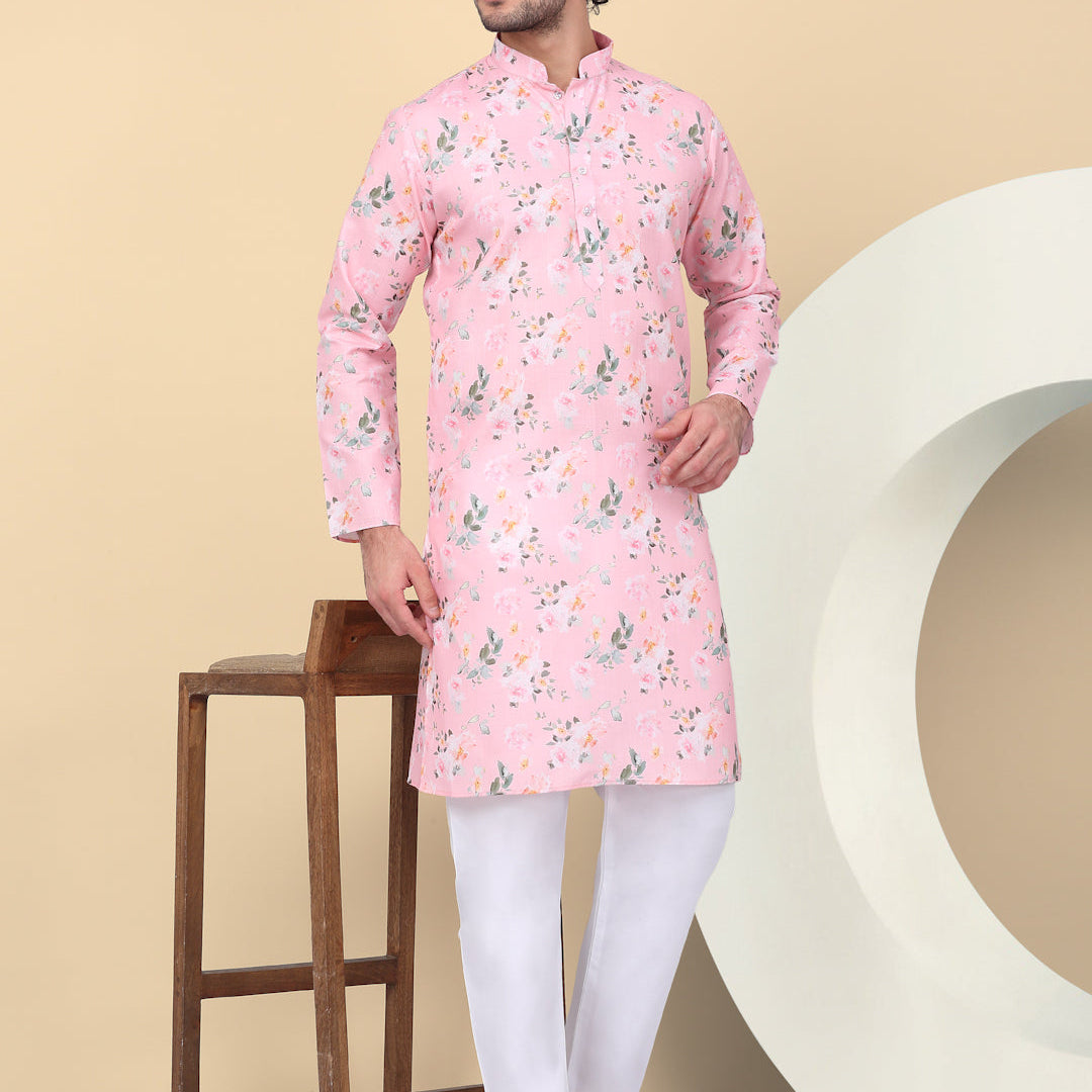 KRAFT INDIA Men's Linen Straight Floral Printed Kurta With Elastic Waistband Pyjama set