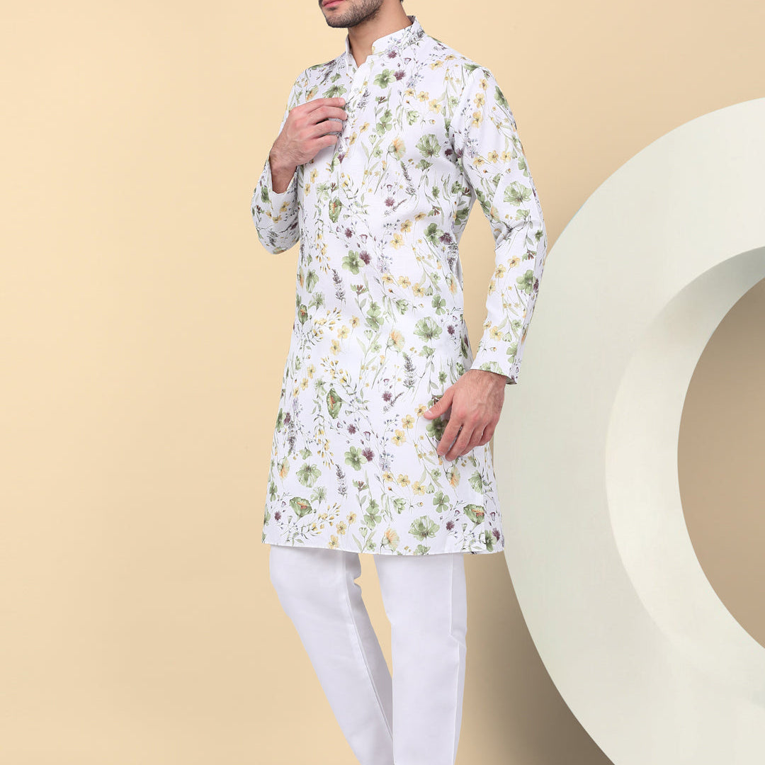 KRAFT INDIA Men's Linen Straight Floral Printed Kurta With Elastic Waistband Pyjama set