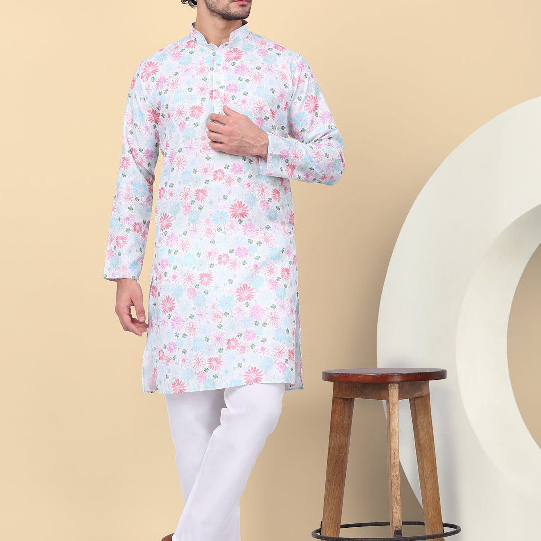 KRAFT INDIA Men's Linen Straight Floral Printed Kurta With Elastic Waistband Pyjama set
