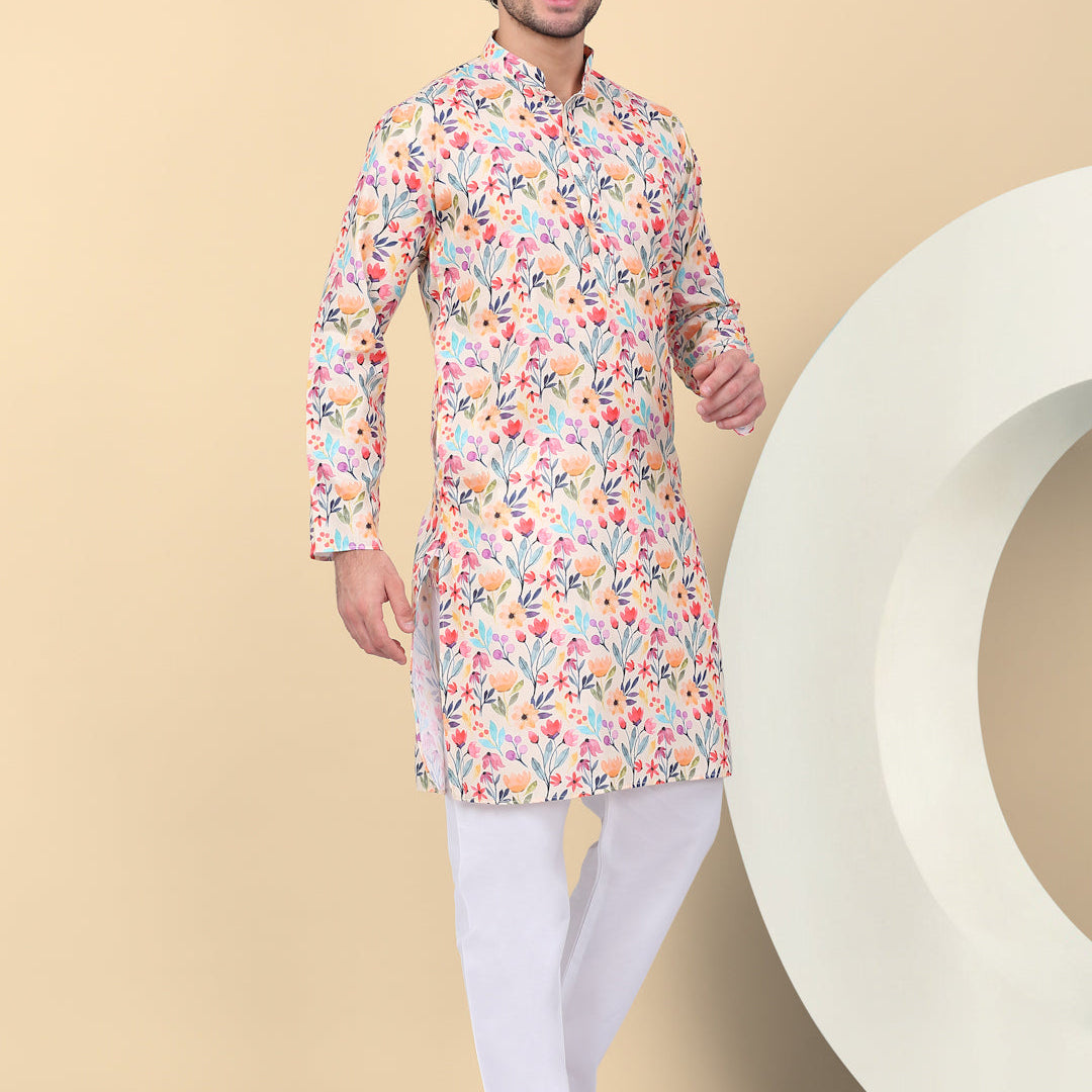 KRAFT INDIA Men's Linen Straight Floral Printed Kurta With Elastic Waistband Pyjama set