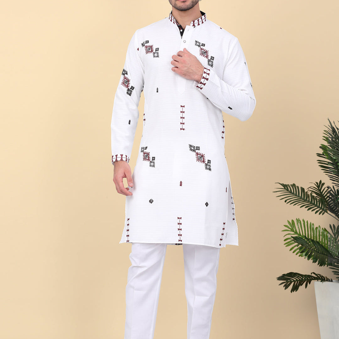 LUXE- Linen Ethnic Motif Embroidered Regular Straight Kurta